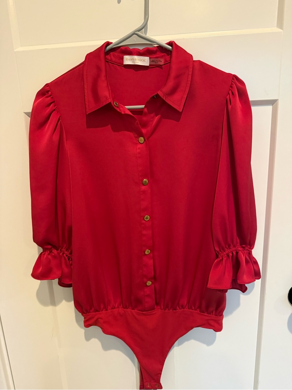 Ramy Brook Scarlet Satin Button-Front Puff Sleeve Bodysuit